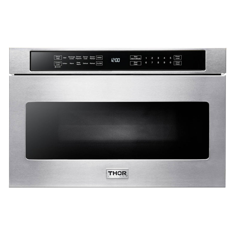 Thor Kitchen 5-Piece Appliance Package - 36-Inch Gas Range, Refrigerator with Water Dispenser, Wall Mount Hood, Dishwasher, & Microwave Drawer in Stainless Steel Appliance Package Thor Kitchen 