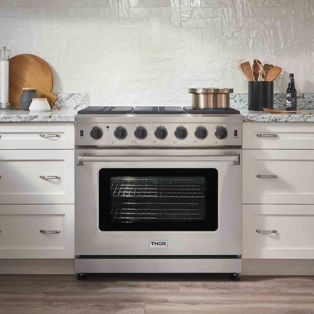 Stainless 5-burner gas range with knob control panel and black glass oven window