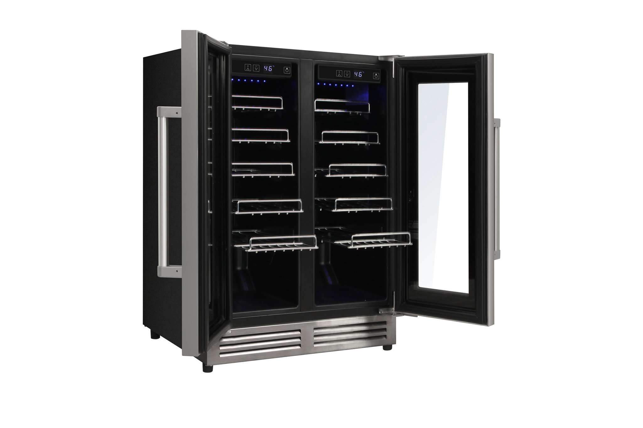 Gas oven with black door open, blue interior lights and multiple rack levels