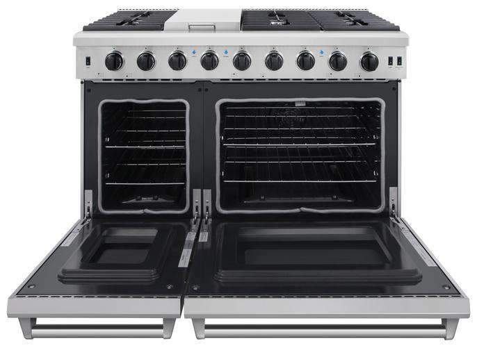 Stainless steel 48-inch gas range front with dual oven doors and control panel