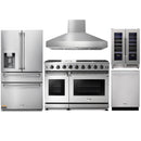 Thor Kitchen 5-Piece Appliance Package - 48-Inch Gas Range, Pro Wall Mount Hood, Refrigerator with Water Dispenser, Dishwasher, & Wine Cooler in Stainless Steel Appliance Package Thor Kitchen 