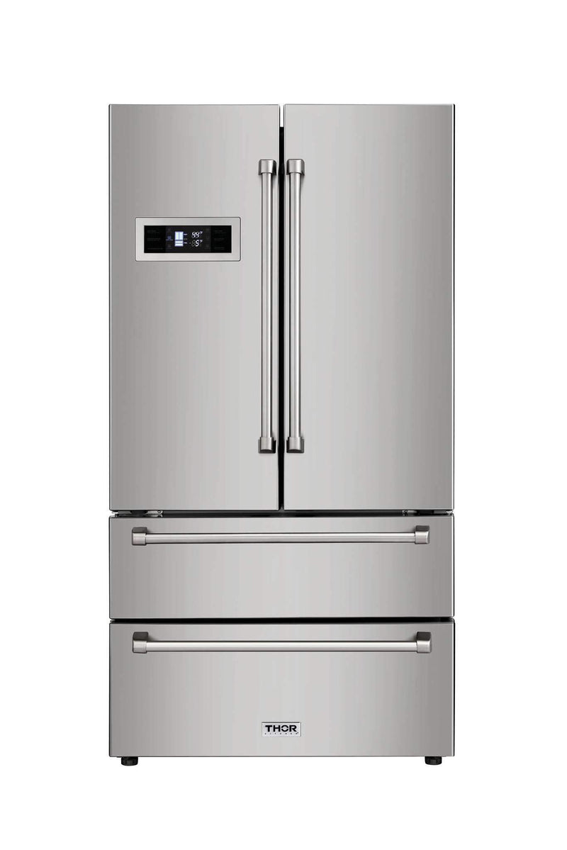 Thor Kitchen 5-Piece Pro Appliance Package - 30" Dual Fuel Range, French Door Refrigerator, Wall Mount Hood, Dishwasher, and Microwave Drawer in Stainless Steel Appliance Package Thor Kitchen 