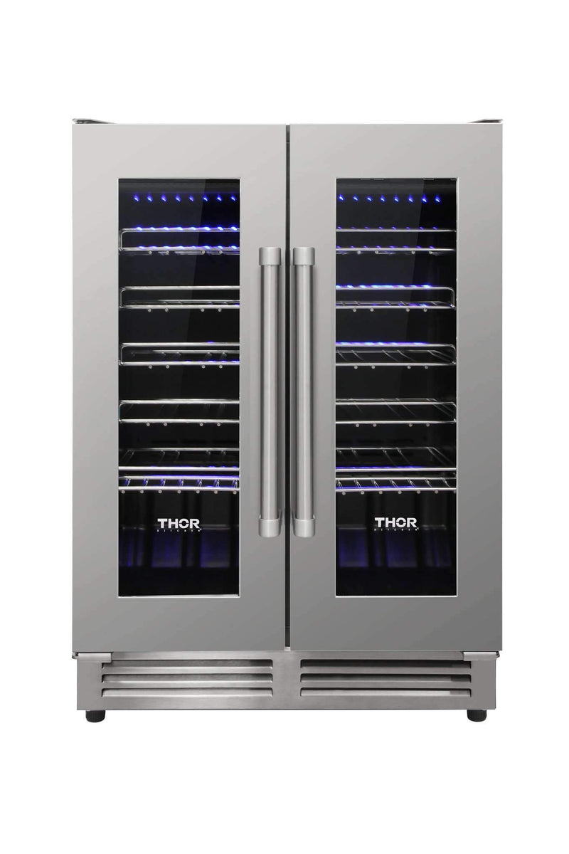 Thor Kitchen 5-Piece Pro Appliance Package - 30" Gas Range, French Door Refrigerator, Wall Mount Hood, Dishwasher, and Wine Cooler in Stainless Steel Appliance Package Thor Kitchen 
