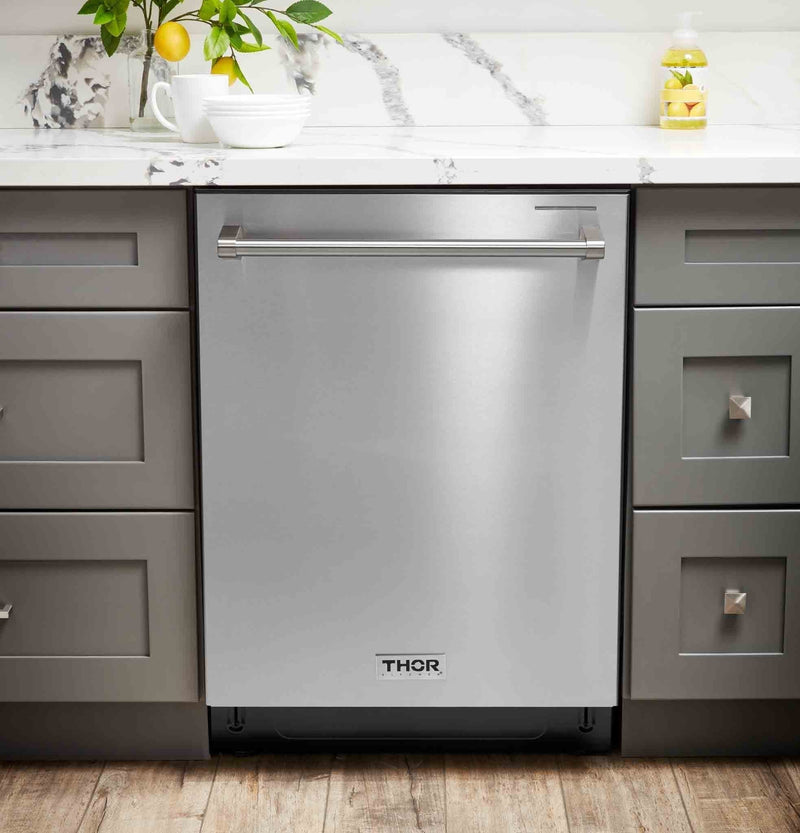 Thor Kitchen 5-Piece Pro Appliance Package - 36" Dual Fuel Range, French Door Refrigerator, Wall Mount Hood, Dishwasher, and Wine Cooler in Stainless Steel Appliance Package Thor Kitchen 