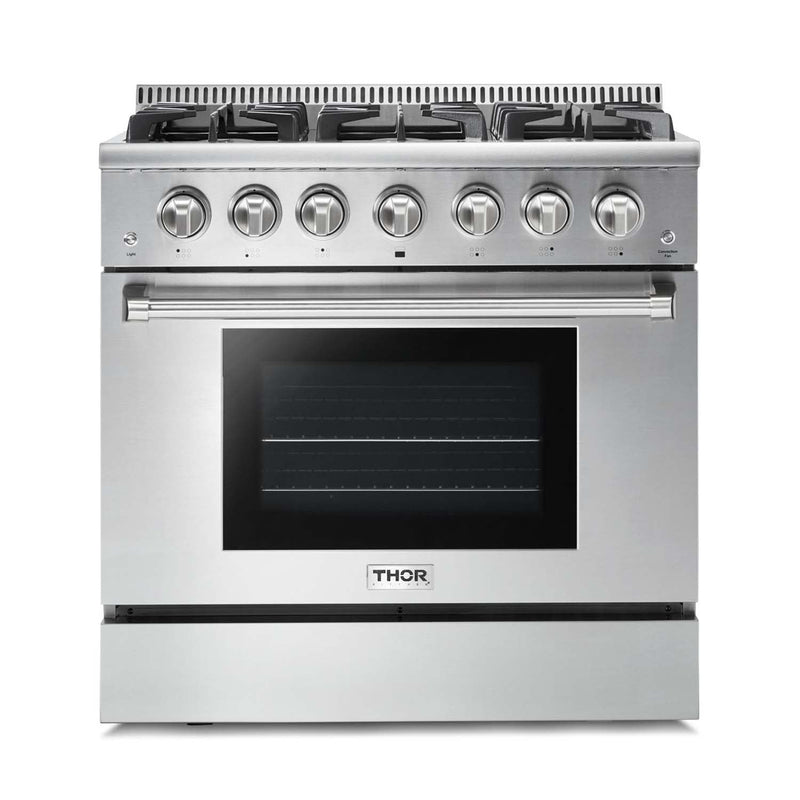 Thor Kitchen 5-Piece Pro Appliance Package - 36" Gas Range, French Door Refrigerator, Under Cabinet Hood, Dishwasher, and Microwave Drawer in Stainless Steel Appliance Package Thor Kitchen 