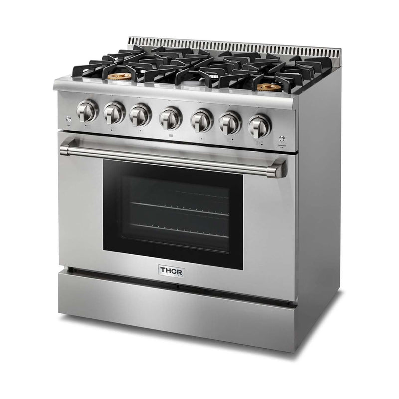 Thor Kitchen 5-Piece Pro Appliance Package - 36" Gas Range, French Door Refrigerator, Wall Mount Hood, Dishwasher, and Wine Cooler in Stainless Steel Appliance Package Thor Kitchen 