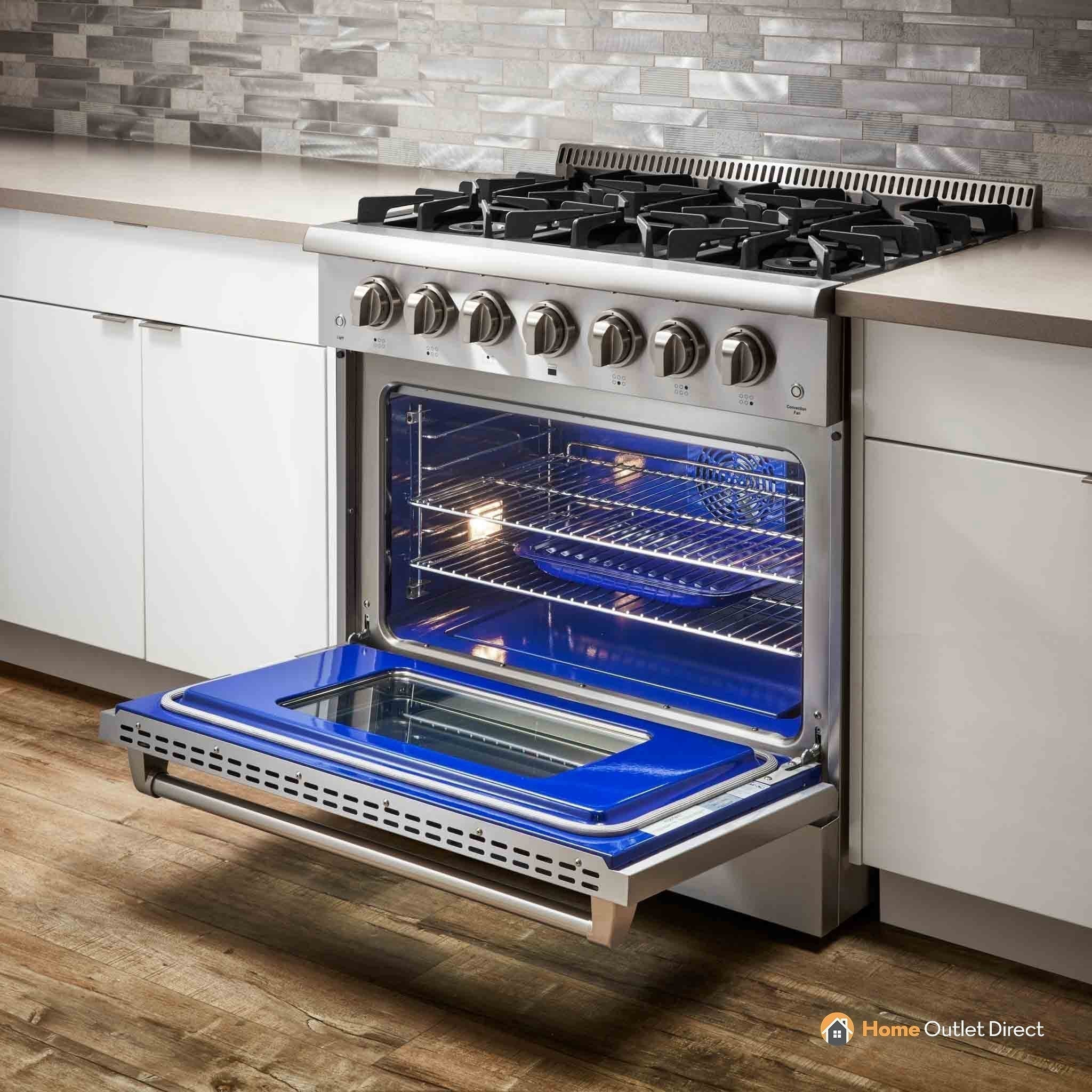 Gas range oven with open door, blue interior, and wire rack inside