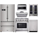 Thor Kitchen 6-Piece Appliance Package - 36" Gas Range, French Door Refrigerator, Under Cabinet Hood, Dishwasher, Microwave Drawer, and Wine Cooler in Stainless Steel Appliance Package Thor Kitchen 