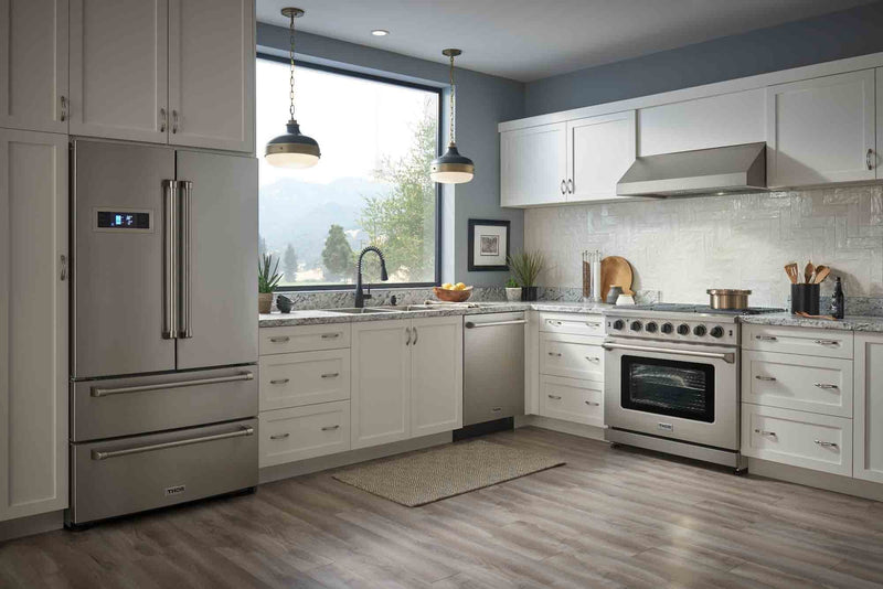 Thor Kitchen 6-Piece Appliance Package - 36" Gas Range, French Door Refrigerator, Wall Mount Hood, Dishwasher, Microwave Drawer, & Wine Cooler in Stainless Steel Appliance Package Thor Kitchen 