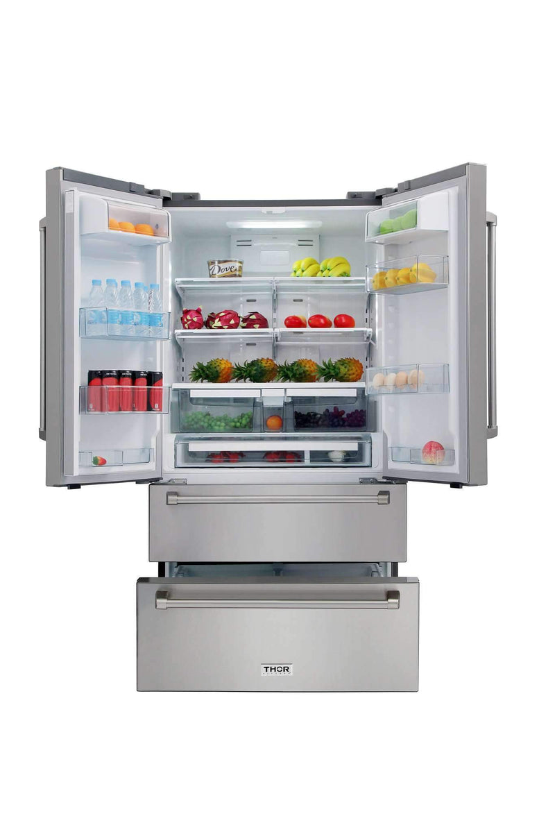 Thor Kitchen 6-Piece Appliance Package - 48" Gas Range, French Door Refrigerator, Under-cabinet Hood, Dishwasher, Microwave Drawer, and Wine Cooler in Stainless Steel Appliance Package Thor Kitchen 