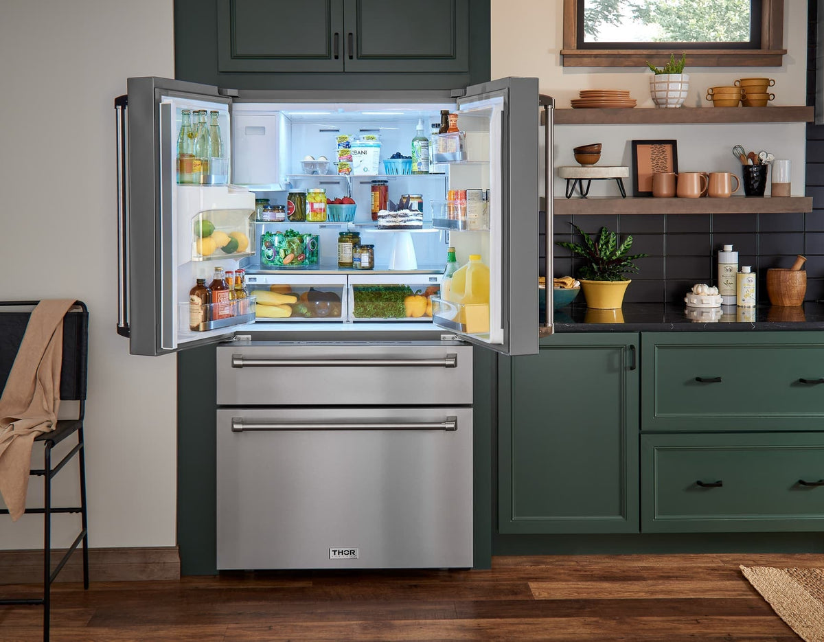Stainless built-in dishwasher open in a kitchen with shelves and dishes inside