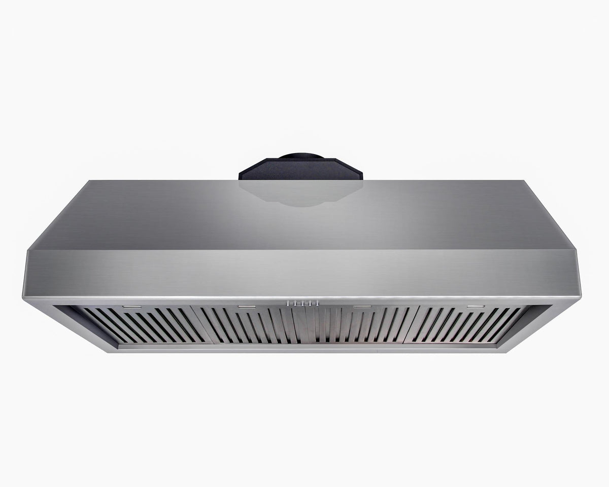 Stainless range hood with vent cover and underside grille