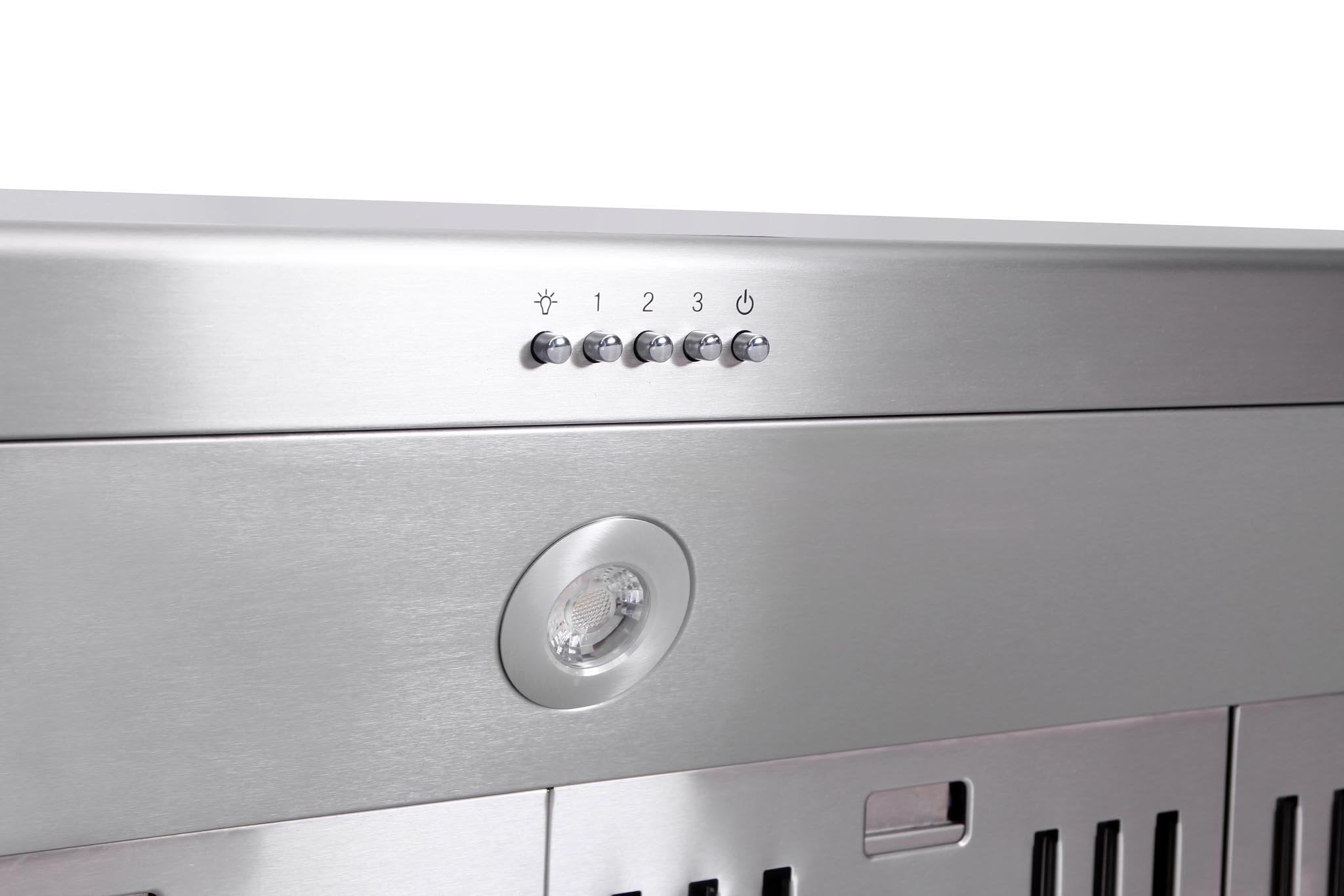 Stainless gas range control panel with six burner knobs and indicator lights