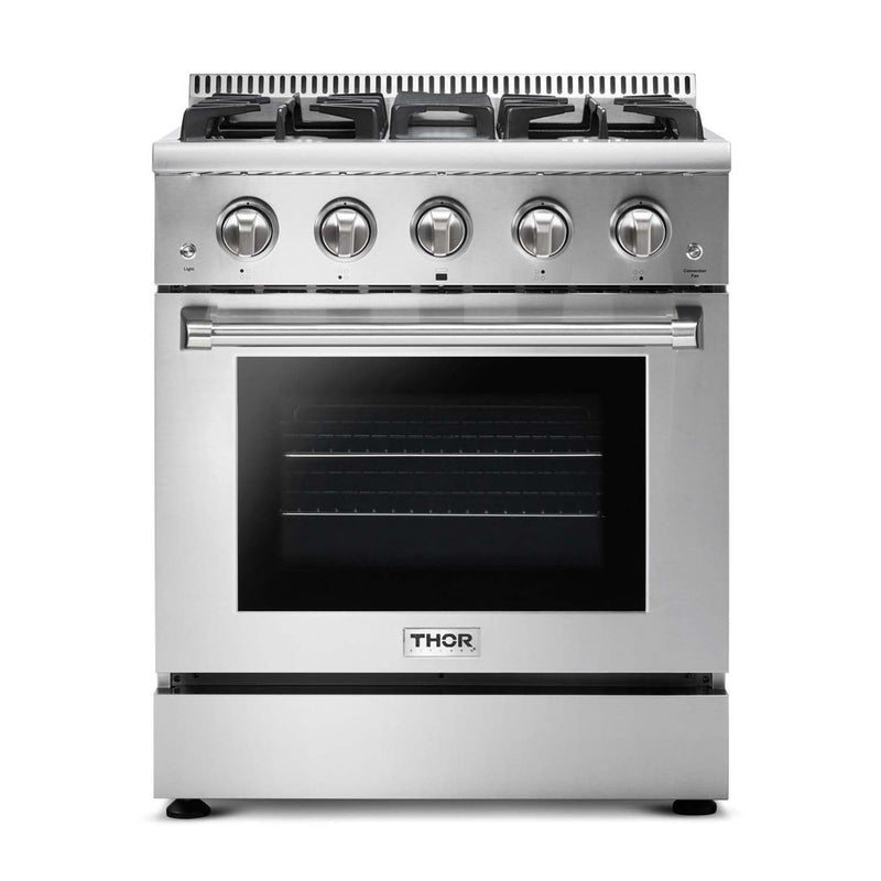 Thor Kitchen 6-Piece Pro Appliance Package - 30" Gas Range, French Door Refrigerator, Under Cabinet Hood, Dishwasher, Microwave Drawer, & Wine Cooler in Stainless Steel Appliance Package Thor Kitchen 