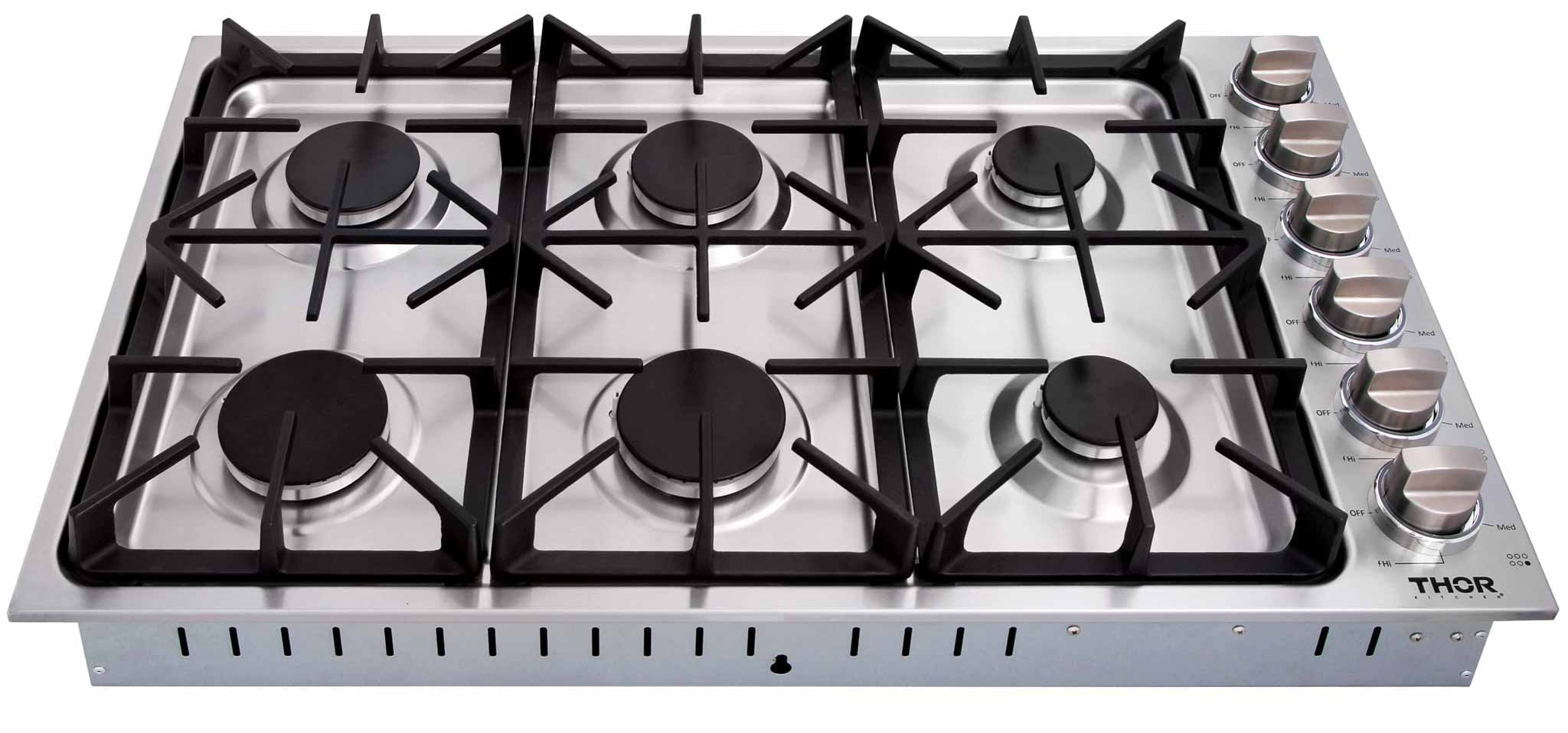 Stainless steel gas cooktop with six burners and knob control panel on the right