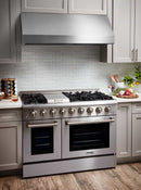 Thor Kitchen 6-Piece Pro Appliance Package - 48" Dual Fuel Range, French Door Refrigerator, Dishwasher, Under Cabinet Hood, Microwave Drawer, & Wine Cooler in Stainless Steel Appliance Package Thor Kitchen 