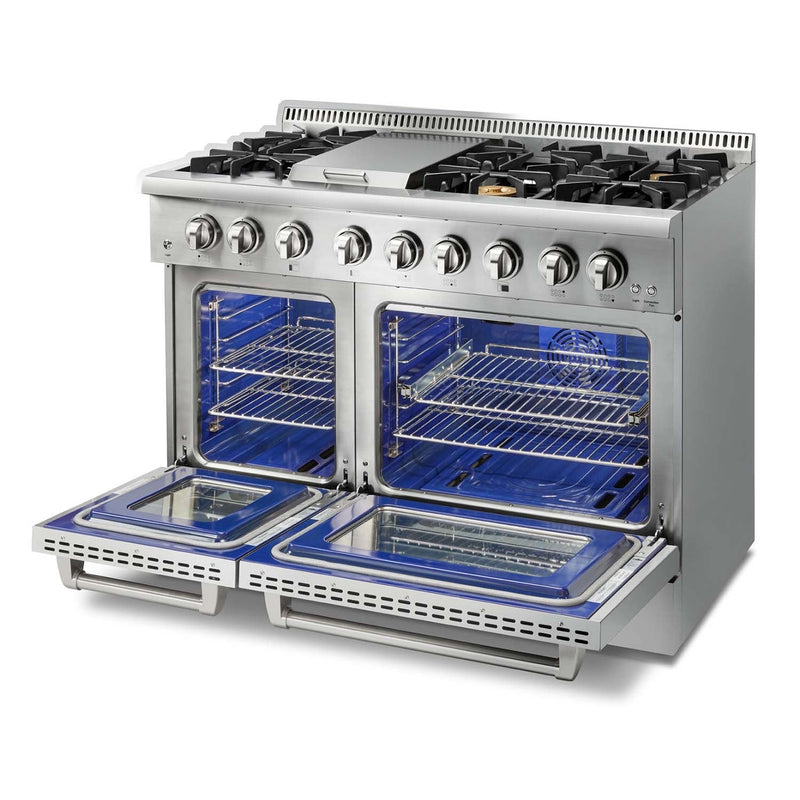 Thor Kitchen 6-Piece Pro Appliance Package - 48" Dual Fuel Range, French Door Refrigerator, Dishwasher, Under Cabinet Hood, Microwave Drawer, & Wine Cooler in Stainless Steel Appliance Package Thor Kitchen 