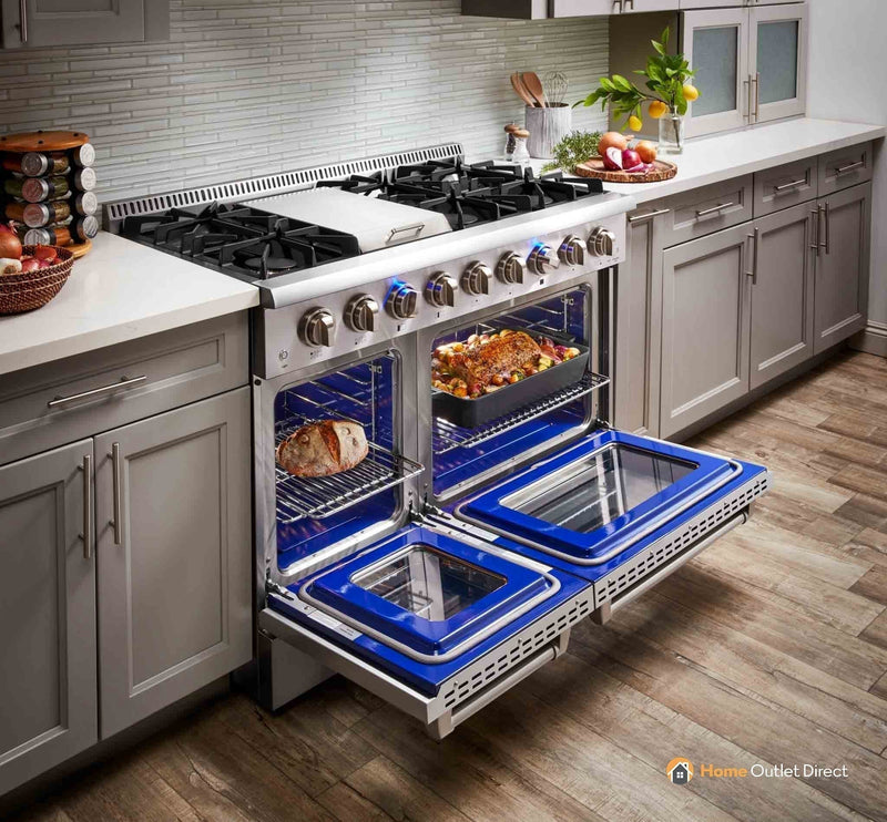 Thor Kitchen 6-Piece Pro Appliance Package - 48" Gas Range, French Door Refrigerator, Dishwasher, Pro Wall Mount Hood, Microwave Drawer, & Wine Cooler in Stainless Steel Appliance Package Thor Kitchen 