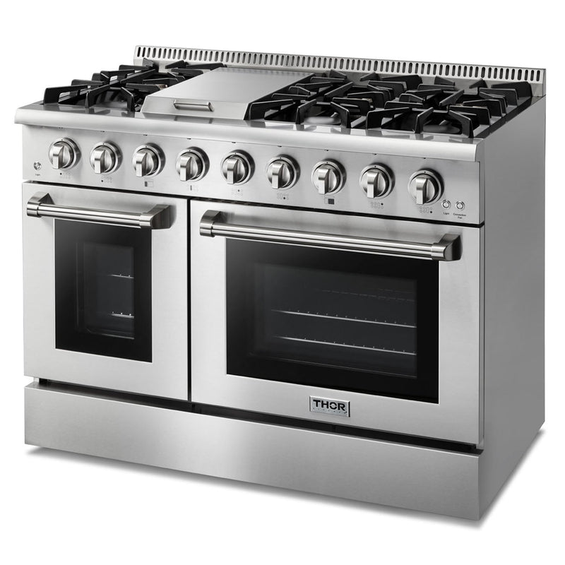 Thor Kitchen 6-Piece Pro Appliance Package - 48" Gas Range, French Door Refrigerator, Dishwasher, Pro Wall Mount Hood, Microwave Drawer, & Wine Cooler in Stainless Steel Appliance Package Thor Kitchen 