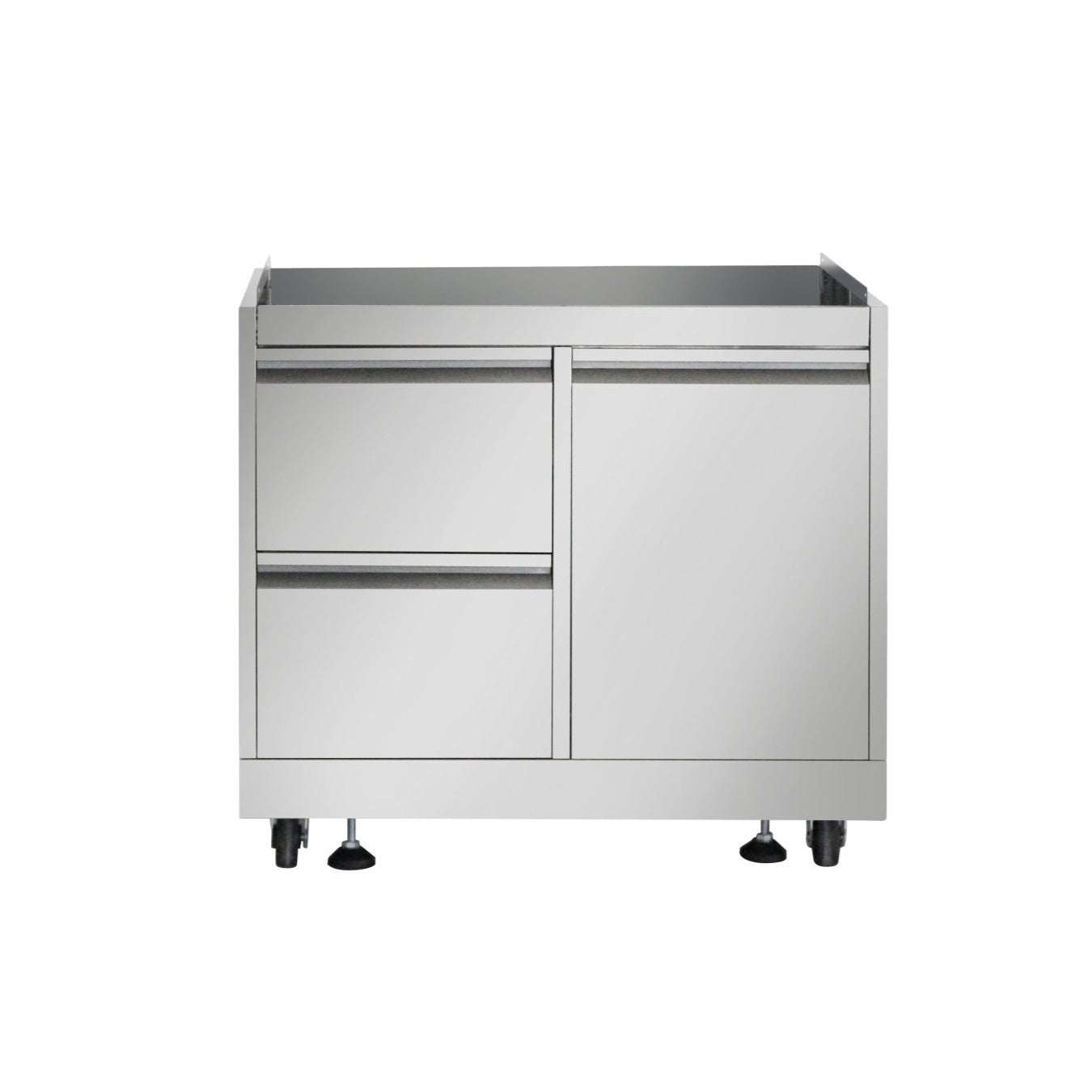 Outdoor stainless grill cart with two-door cabinet base and raised top rail