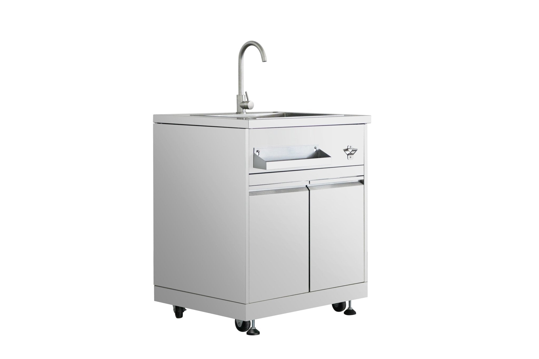 Stainless outdoor kitchen cabinet with sink faucet and storage doors