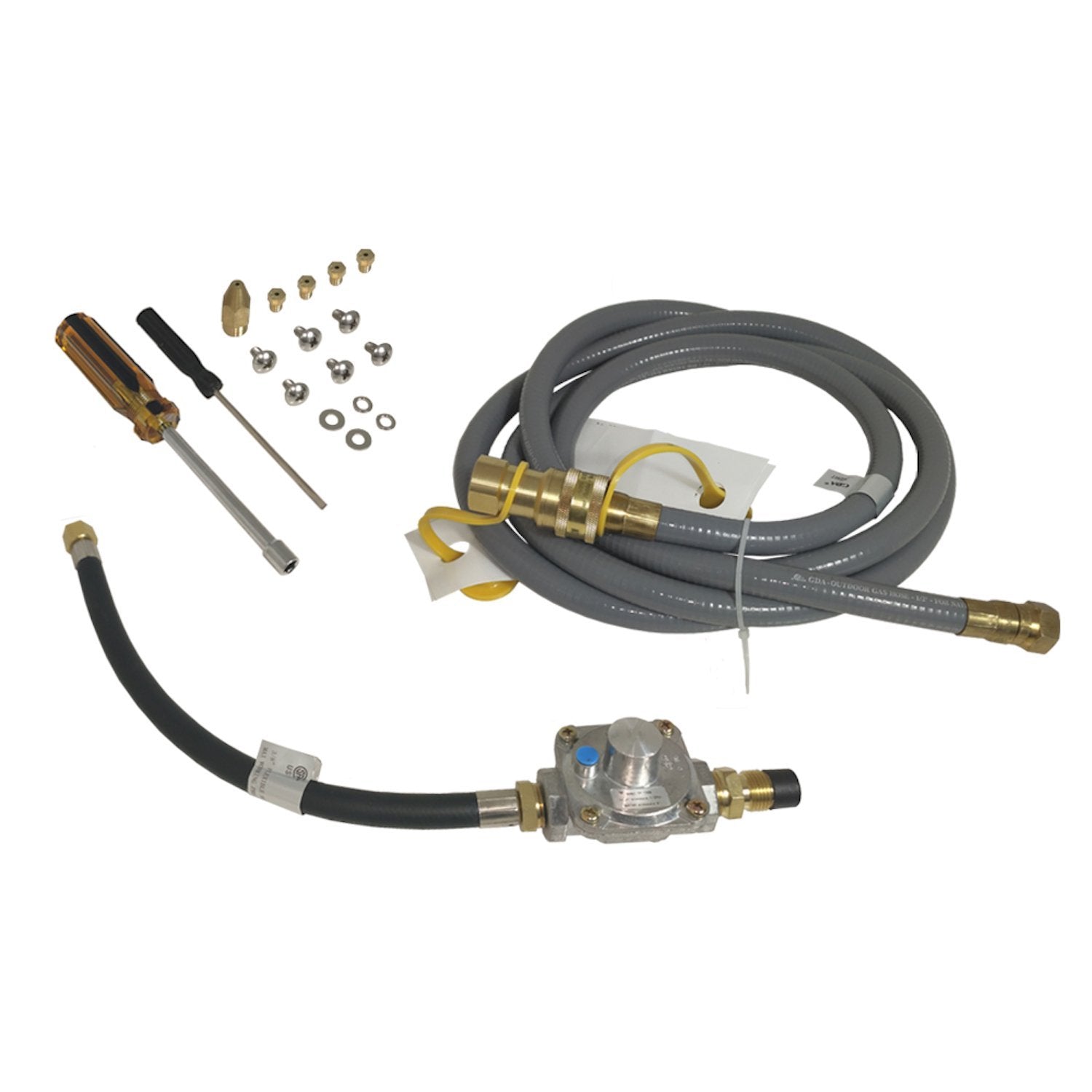 Outdoor natural gas grill kit with gray hose, brass fittings, and regulator valve