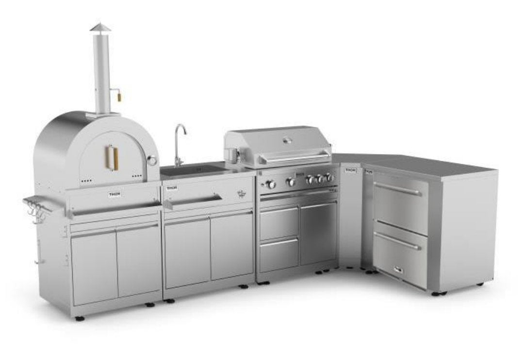 Stainless steel outdoor gas grill package with side burner and right storage cabinet