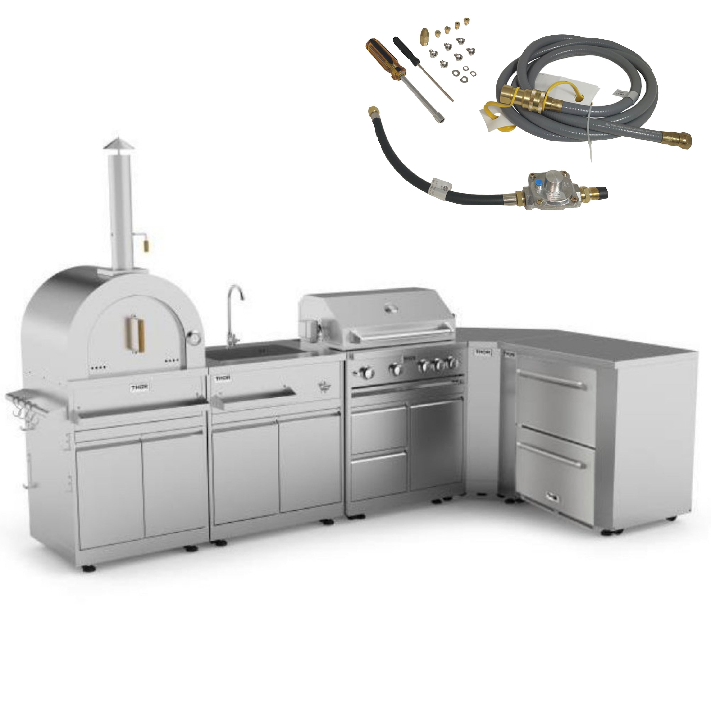 Stainless steel outdoor gas grill with side burner and storage cabinets