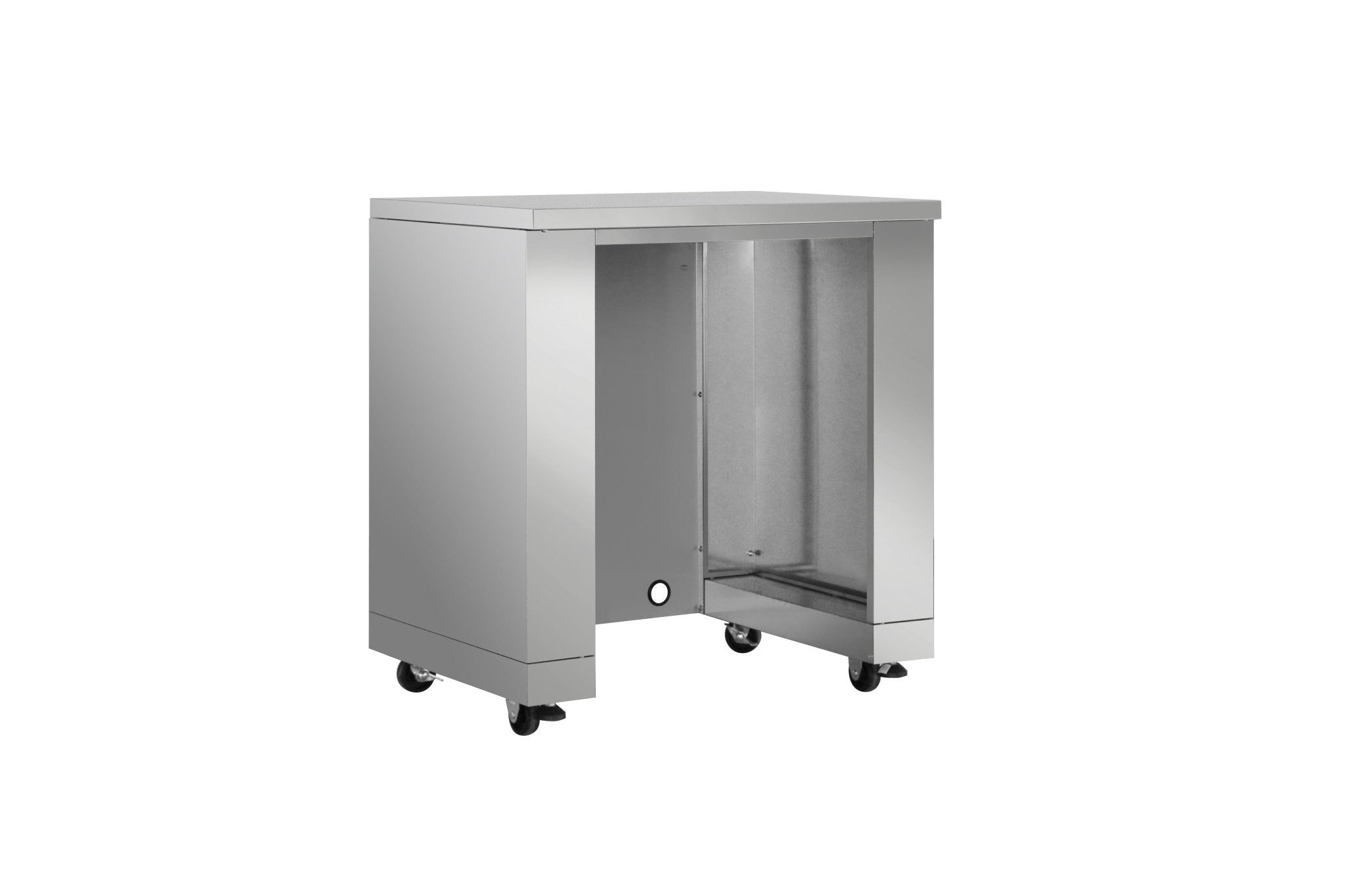 Stainless outdoor refrigerator cabinet module with rolling feet, closed doors