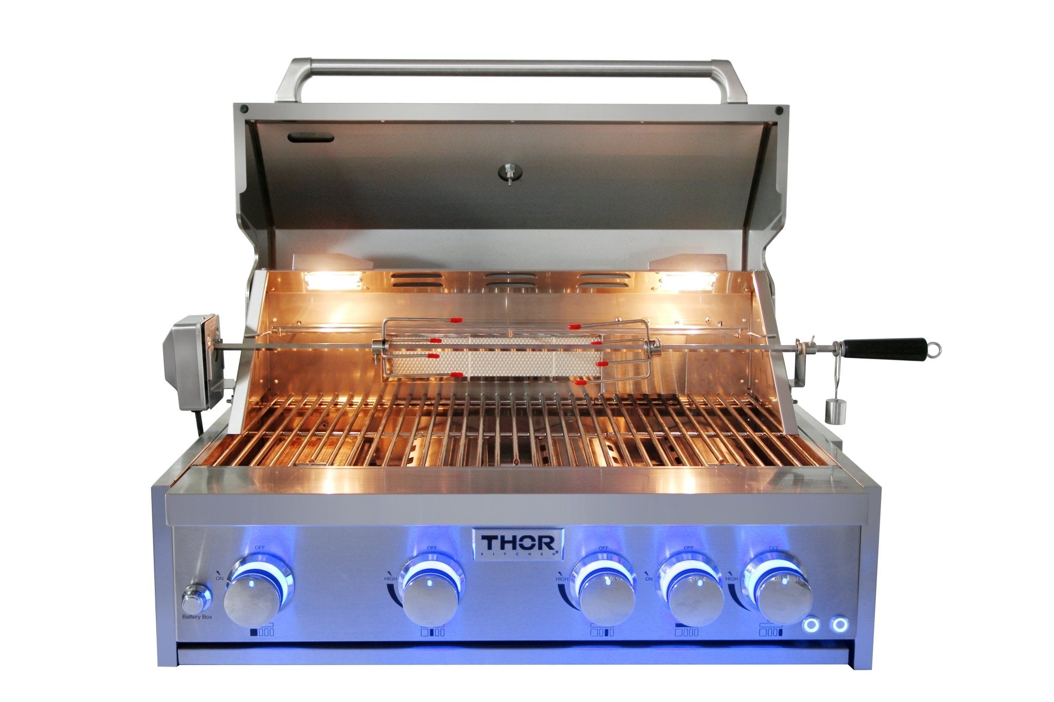 32-inch stainless steel propane grill with open lid, grates, and control knobs
