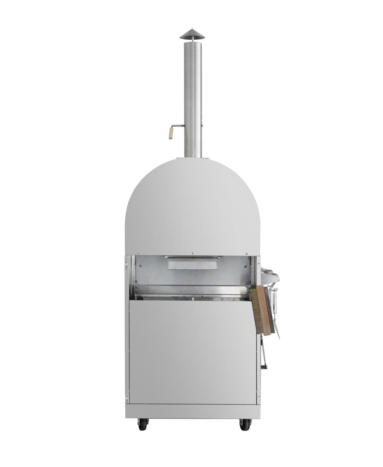 Pro-style outdoor pizza oven with chimney stack, dome front, and wheeled cabinet base