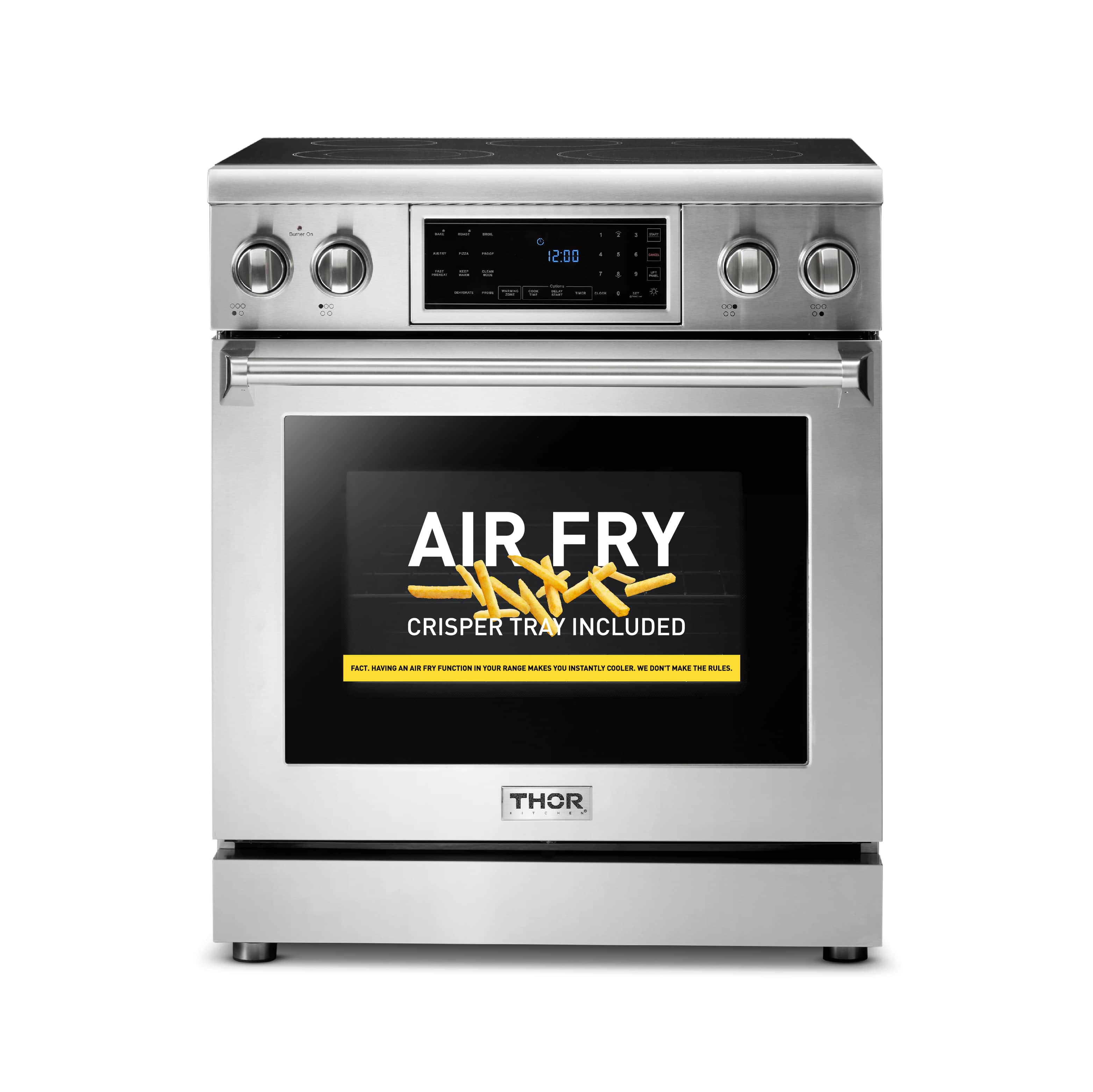 Stainless electric range front with oven display and Air Fry door panel