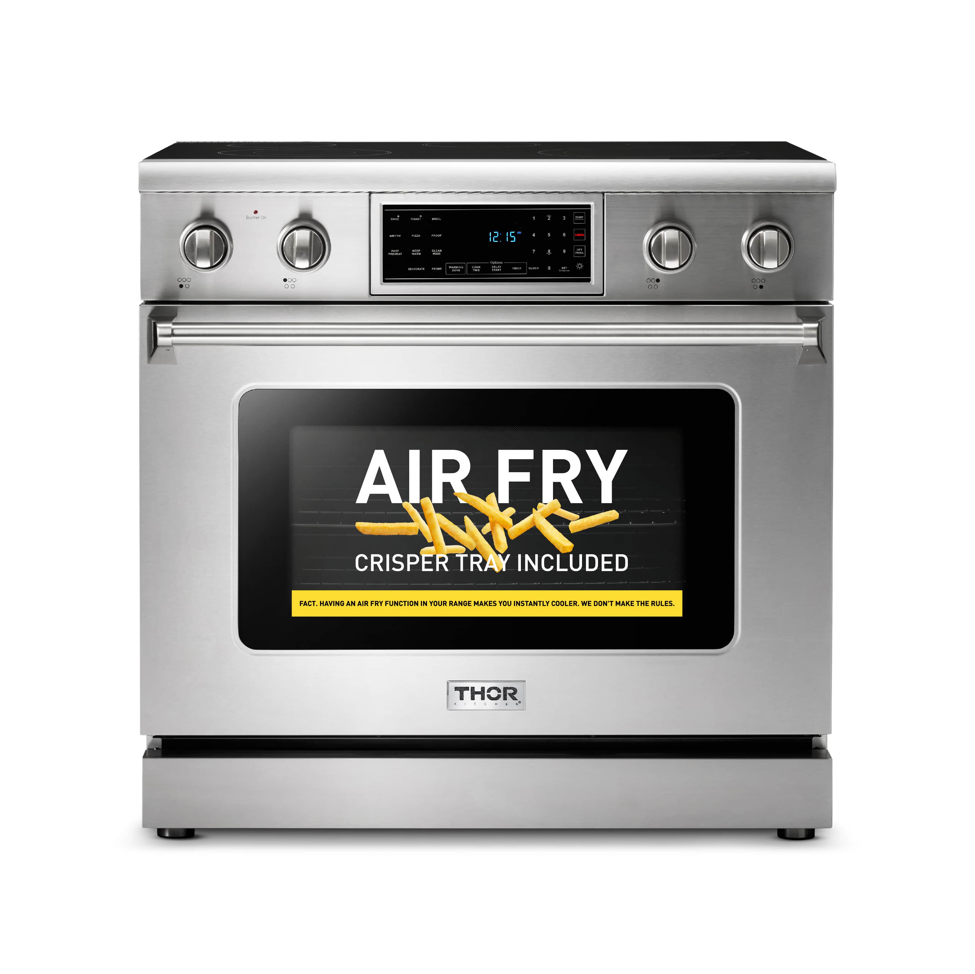 Stainless electric range with control panel and air-fry oven door