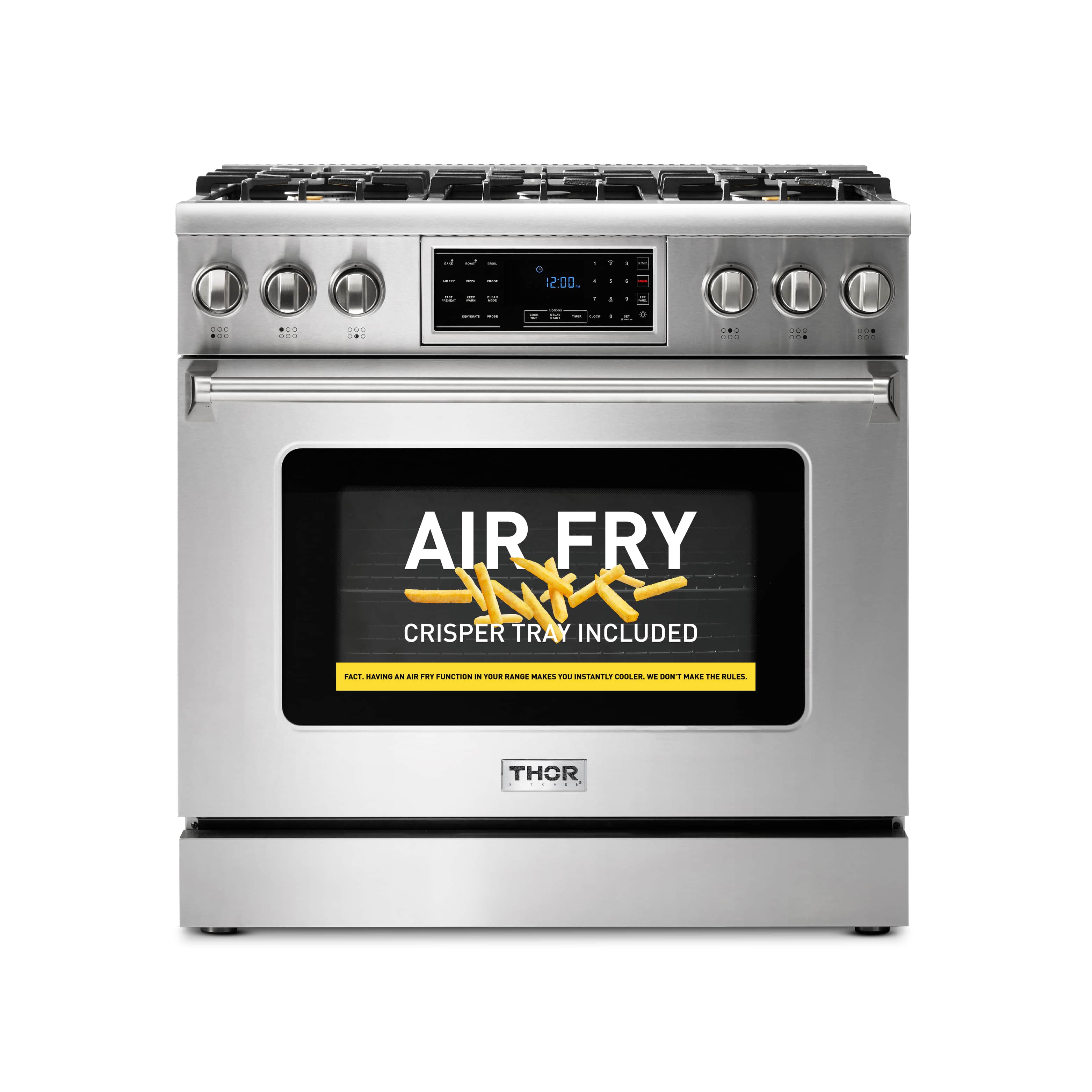 Stainless steel gas range with Air Fry control screen and oven door