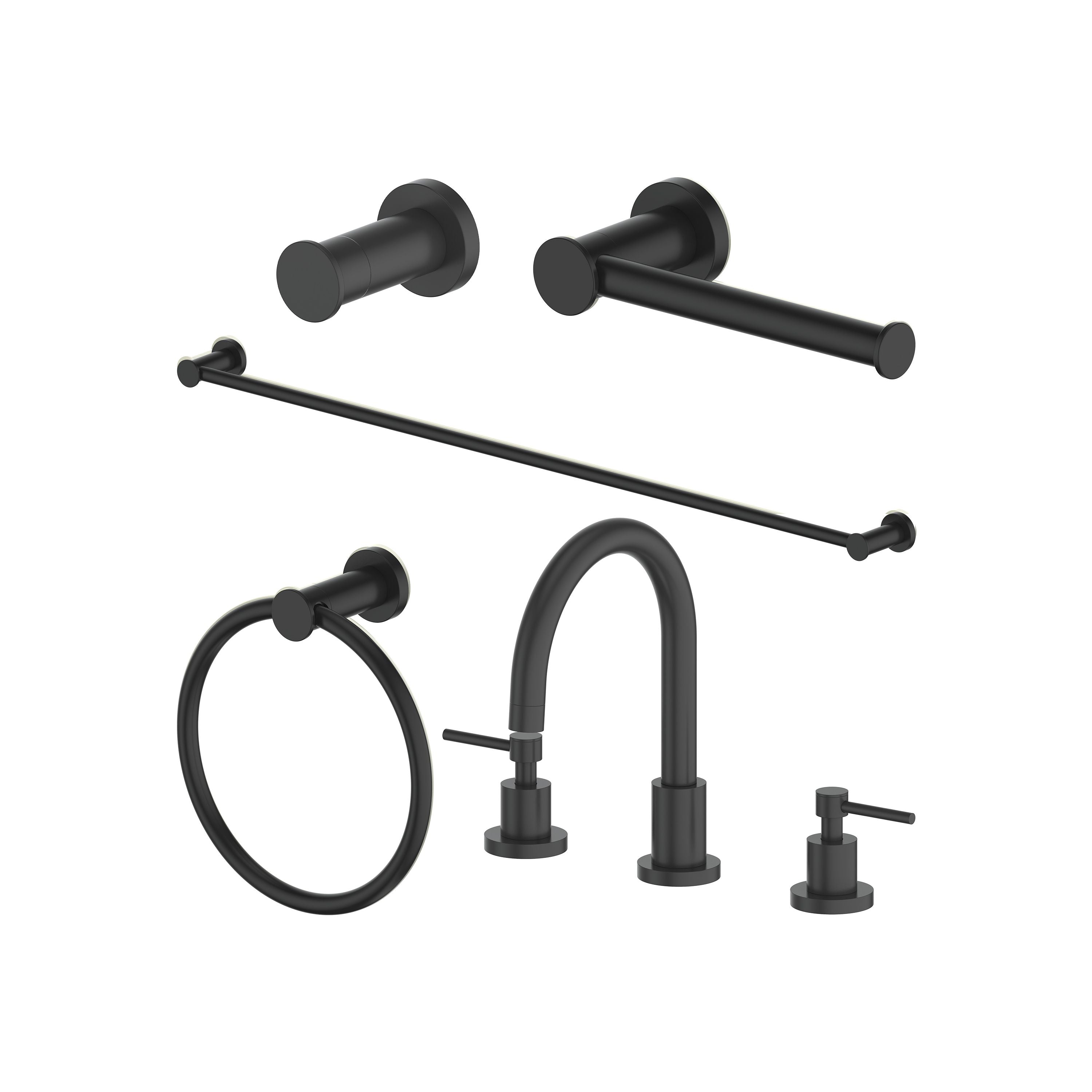 Matte black bathroom accessory set featuring towel ring, towel rail bar, and faucet parts