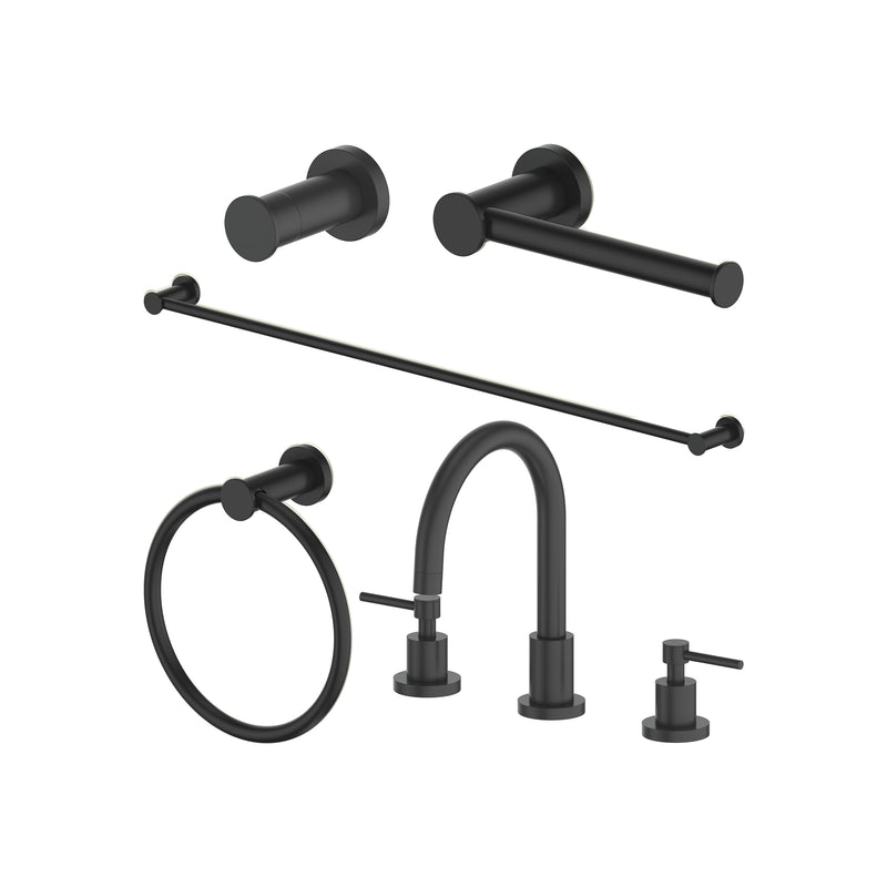 ZLINE Emerald Bay Bathroom Package with Faucet, Towel Rail, Hook, Ring and Toilet Paper Holder in Matte Black (5BP-EMBYACCF-MB)