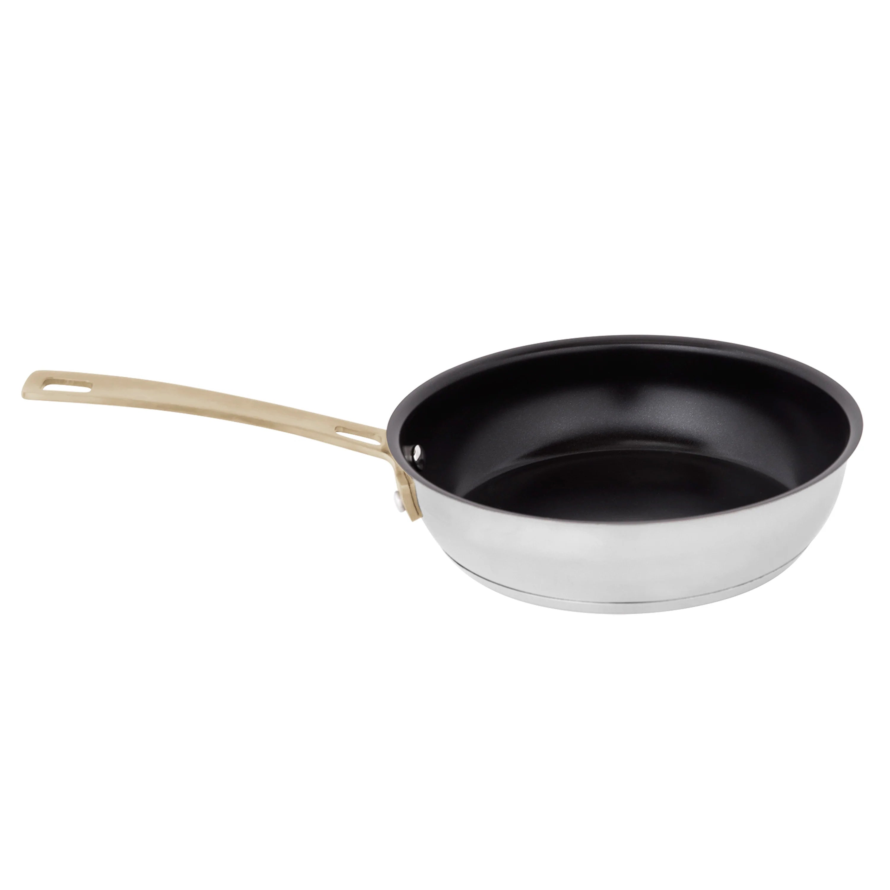 Stainless skillet with black nonstick interior and long handle
