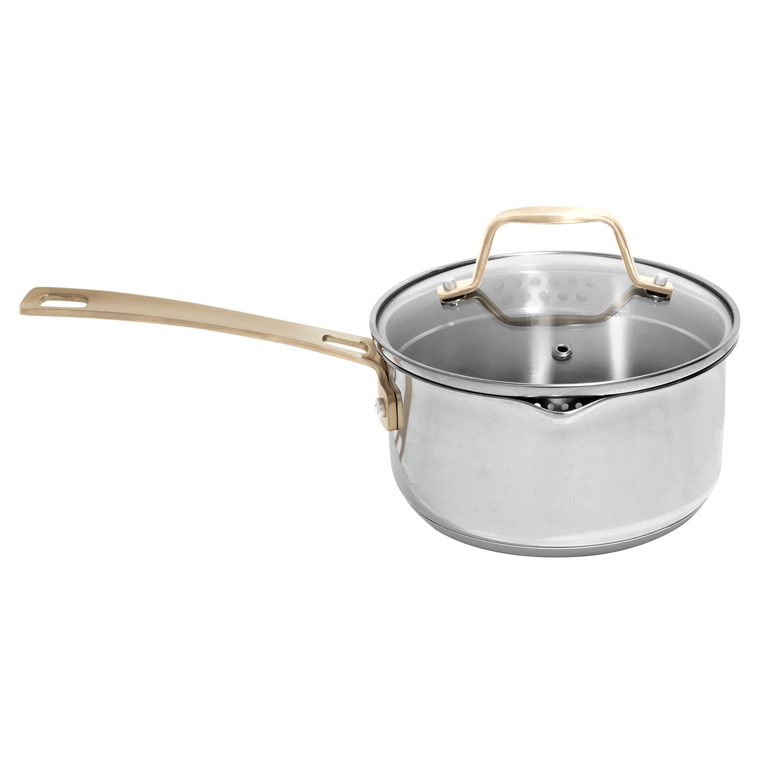 Stainless steel saucepan with lid and gold-tone handle grips