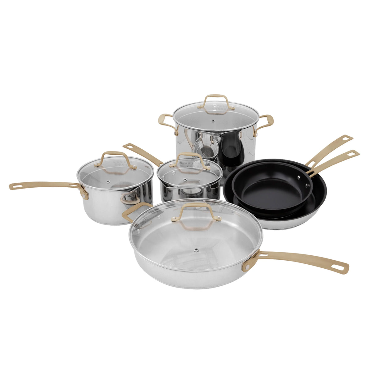 Stainless steel 10-piece cookware set with lids and nonstick pans, gold-tone handles