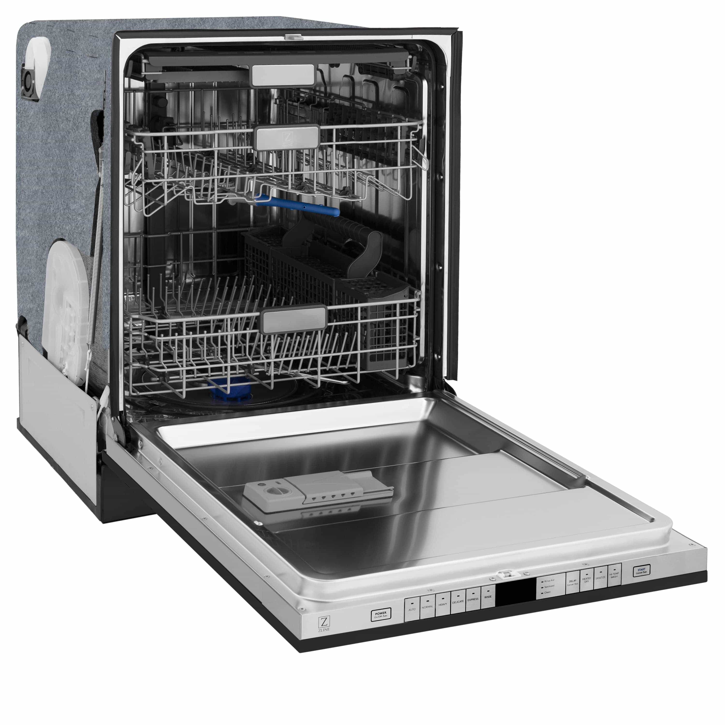 Dishwasher with open door, interior racks, and stainless steel tub