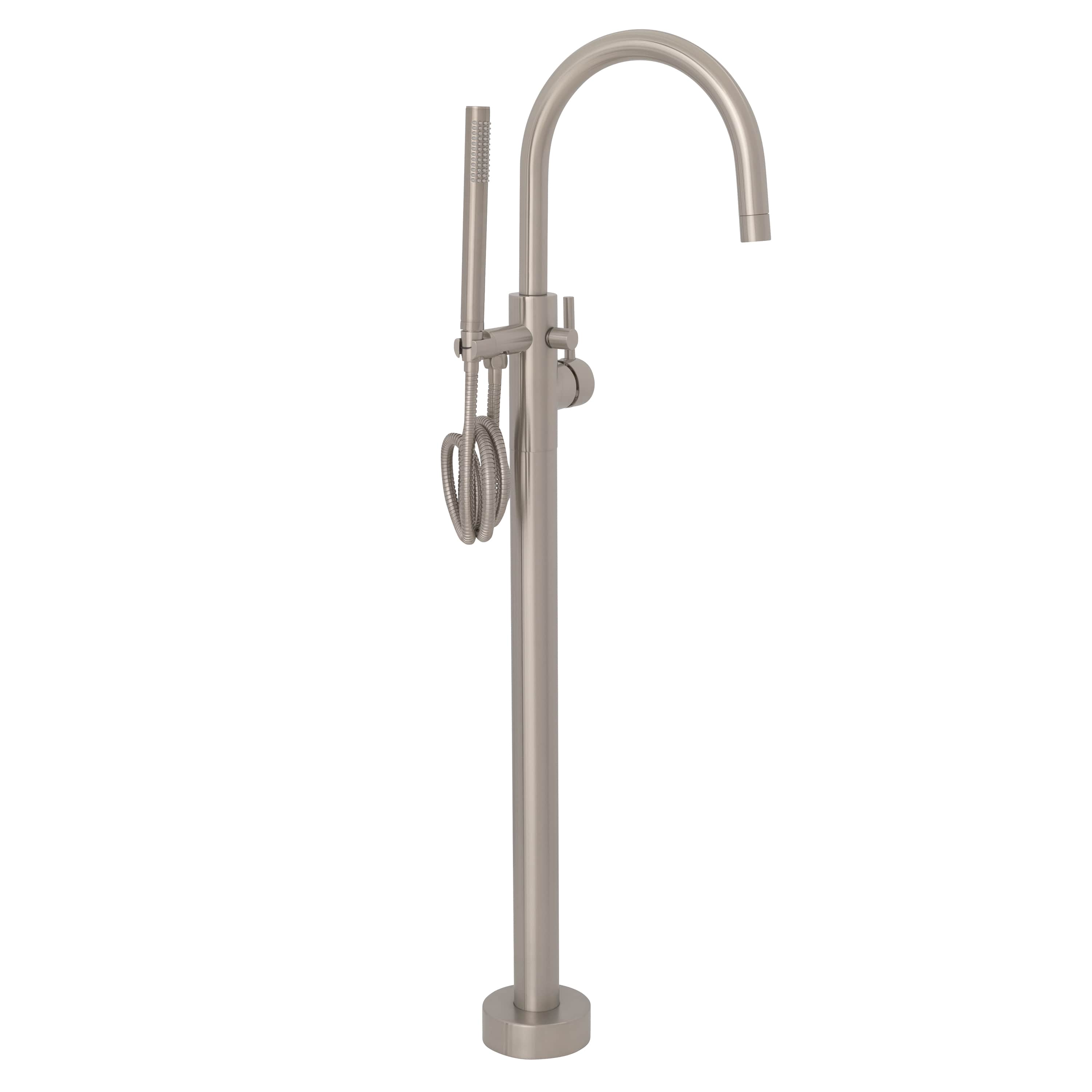 Brushed nickel freestanding tub filler with curved spout and handheld shower hose holder.