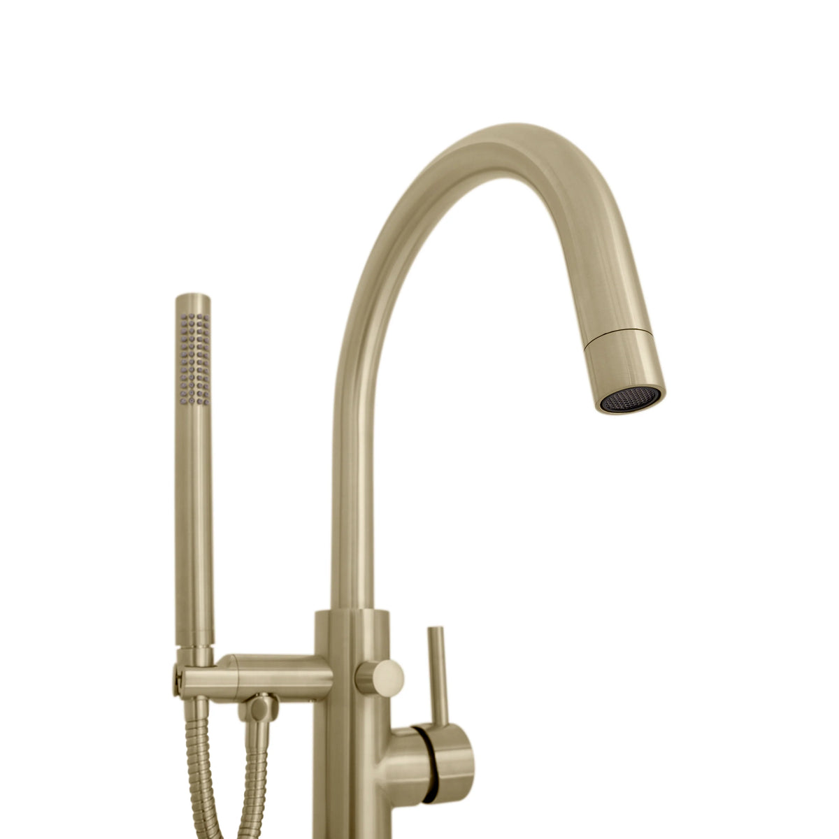 Champagne bronze bath tub filler set with curved spout, handheld shower, and hose