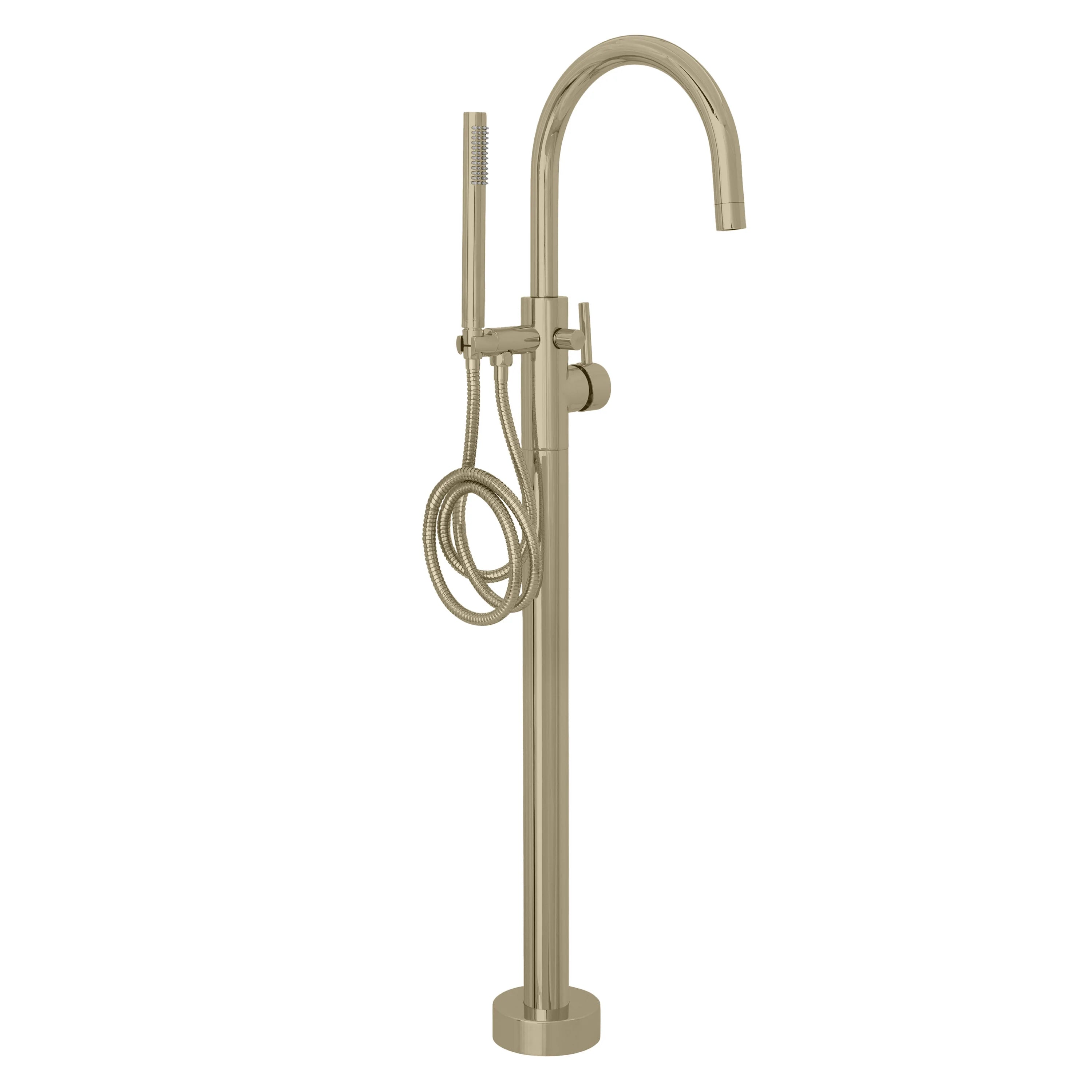 Champagne bronze bath tub filler with curved spout and handheld shower hose