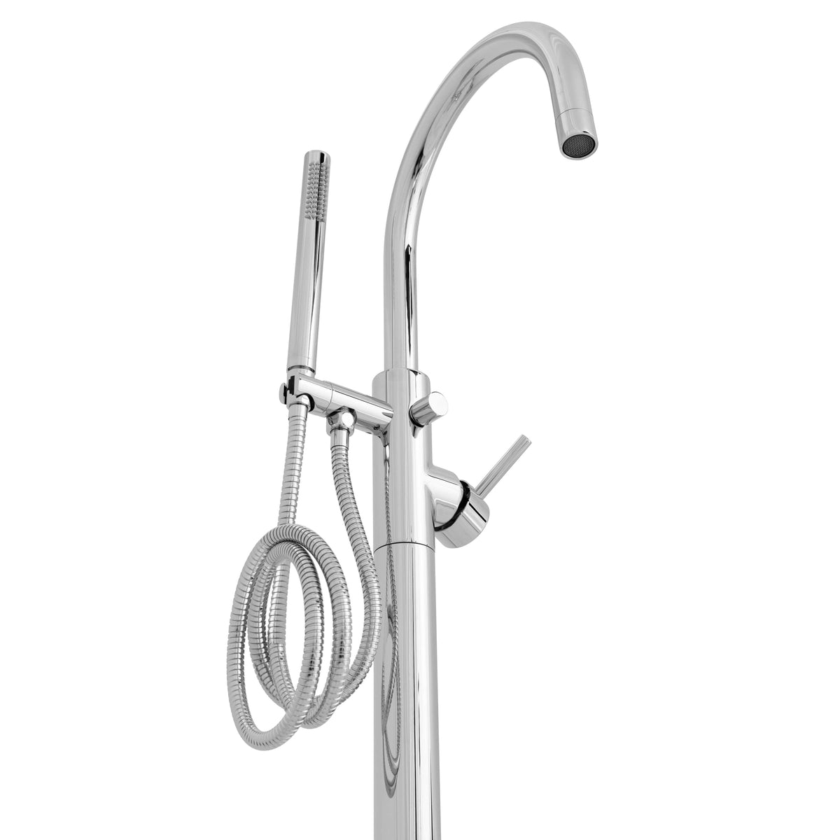 Chrome bath tub filler with arched spout, separate handles, and flexible hose