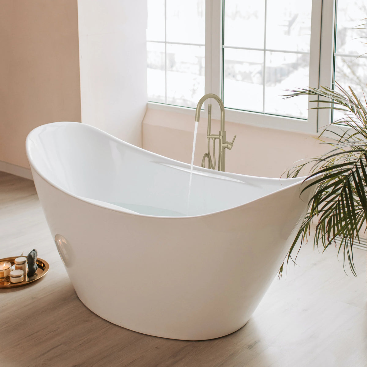 Champagne bronze wall-mounted tub filler with arched spout and handheld shower