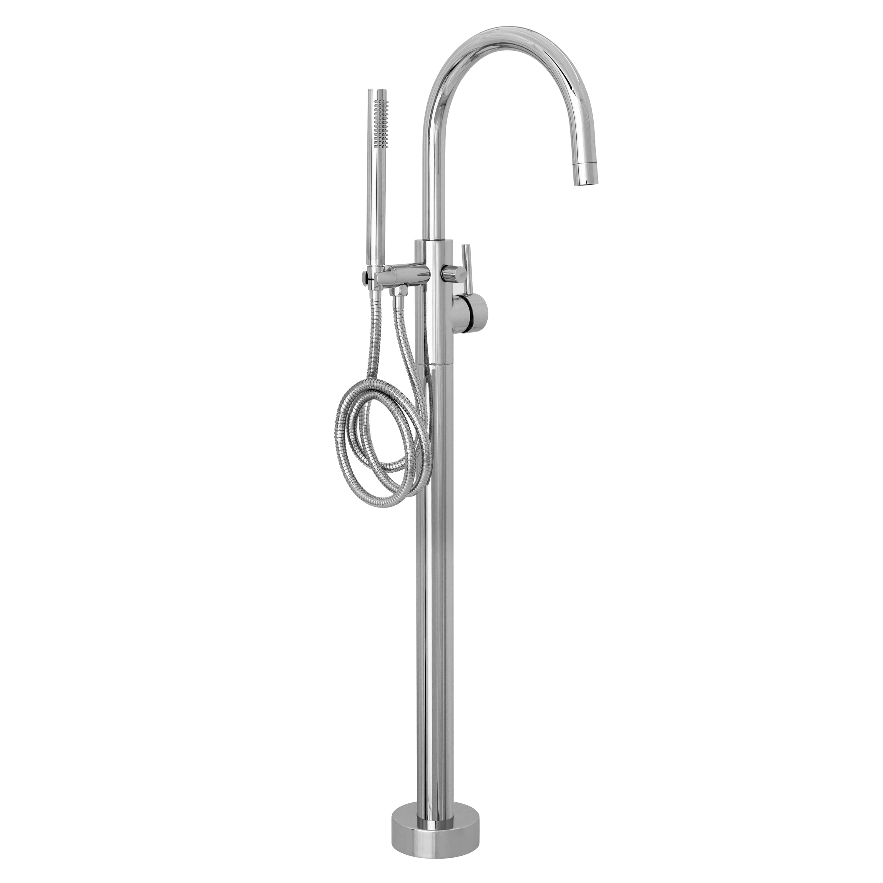 Chrome stand-style bath tub filler with arched spout and coiled hose
