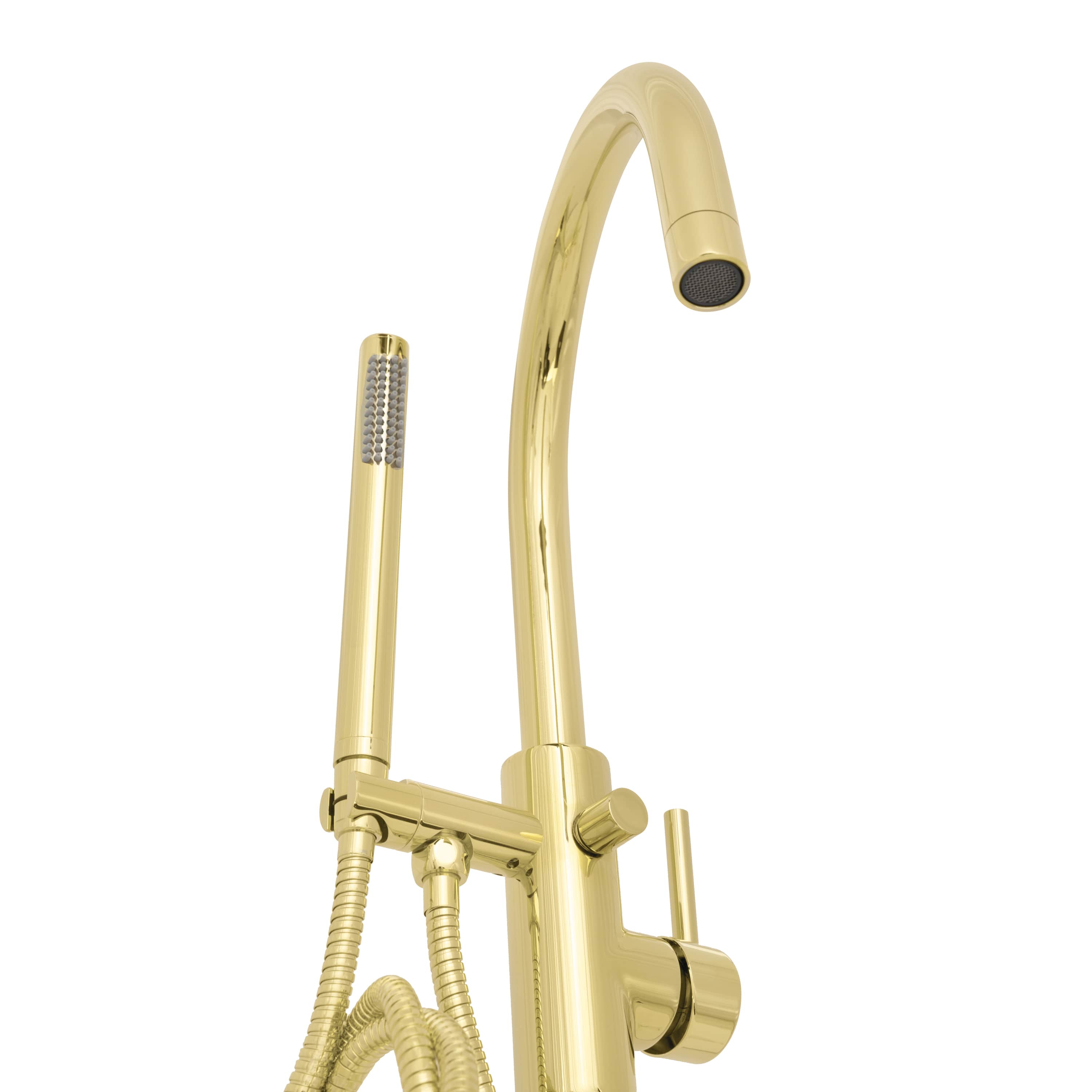 Polished gold tub filler with arched spout and matching handheld sprayer, wall-mounted