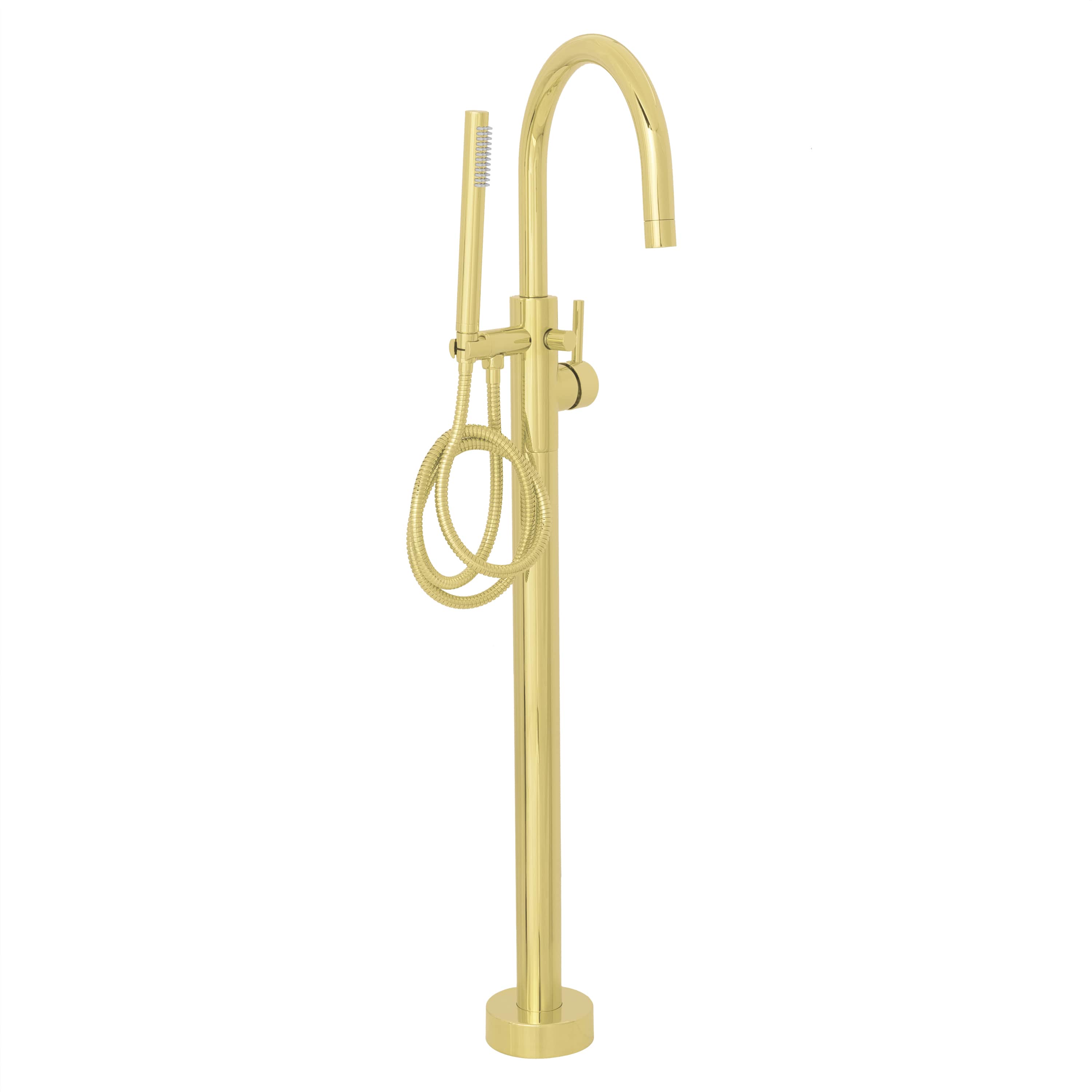 Polished gold tall tub faucet with arched spout and flexible hose, floor base