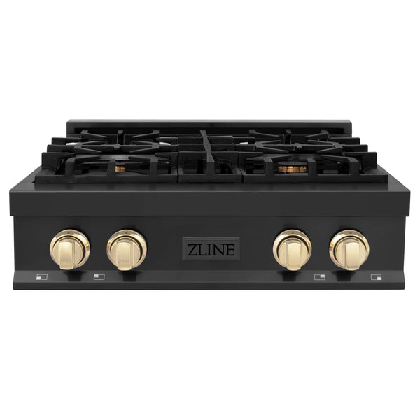 ZLINE Autograph Edition 30-Inch Porcelain Rangetop with 4 Gas Burners in Black Stainless Steel and Gold Accents (RTBZ-30-G)