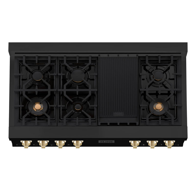 ZLINE Autograph Edition 48-Inch Porcelain Rangetop with 7 Gas Burners in Black Stainless Steel and Gold Accents (RTBZ-48-G)